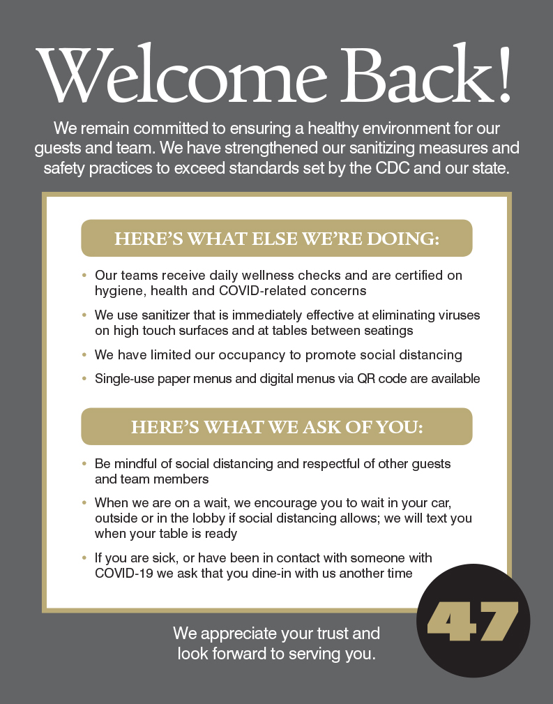 Welcome back! Covid CDC guidelines for Chophouse 47.